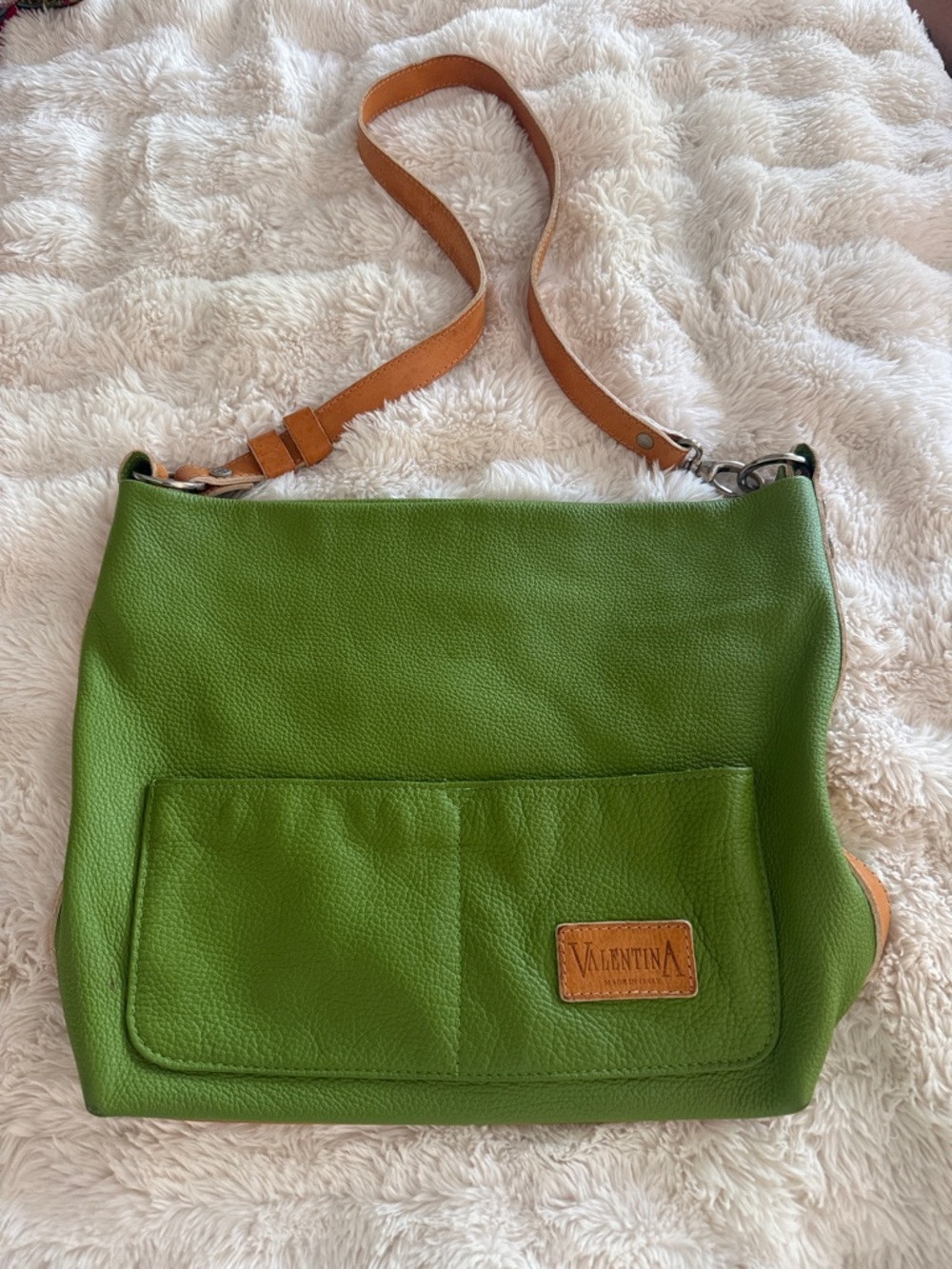Valentina Green Pebbled Italian Leather Shoulder Bag with Tan Strap